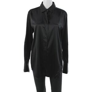0039 Italy Women Silk Collared Button-Up Long Sleeve Top Black Size L